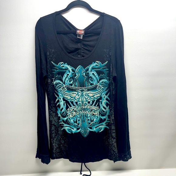 HARLEY-DAVIDSON womens rhinestone top size 1XL Lon belll sleeves - Picture 1 of 7